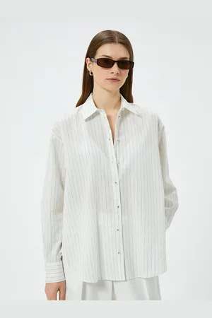 Koton Women Mandarin Collar Vertical Striped Oversized Casual Shirt