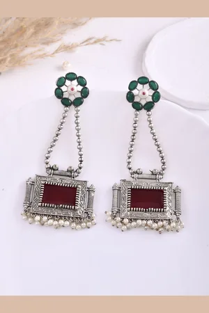 Dastoor Silver-Plated Stone-Studded & Beaded Silver Oxidised Drop Earrings