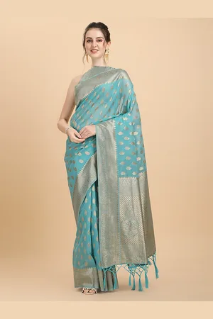 Inddus Women Blue Woven Design Chanderi Cotton Saree with Blouse Piece