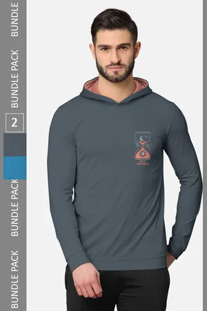 bullmer Men Pack of 2 Grey & Turquoise Blue Long Sleeves T-shirt
