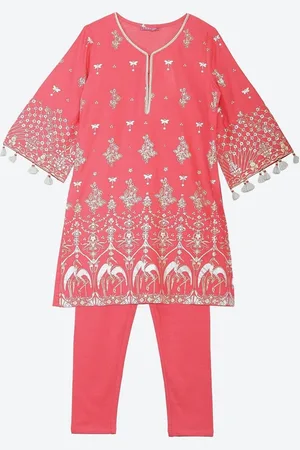 Biba Girls Coral & White Ethnic Motifs Printed Pure Cotton Kurta with Churidar & Dupatta