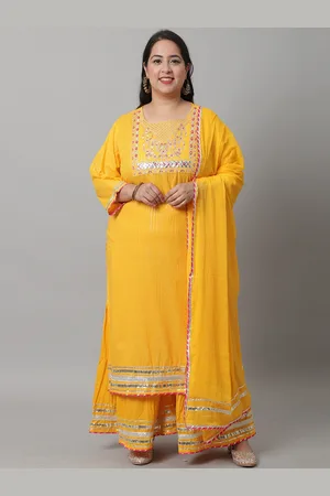 Rajnandini Women Plus Size Floral Embroidered Pure Cotton Kurta with Sharara & Dupatta