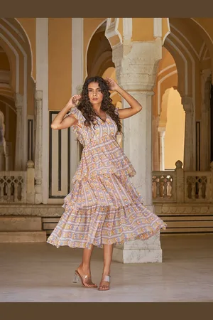 Baise Gaba Ethnic Motifs Printed Ruffles Fit & Flare Midi Dress