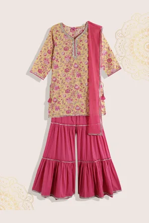 Biba Girls Red Floral Printed Kurta with Sharara & With Dupatta