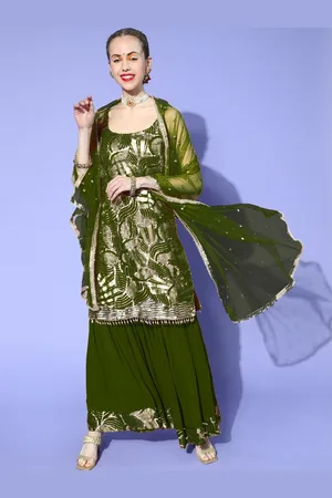 Chhabra 555 Floral Embroidered Sequinned Straight Kurta With Sharara And Dupatta