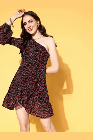 Berrylush Floral Print One Shoulder Bishop Sleeve Ruffled Georgette A-Line Dress
