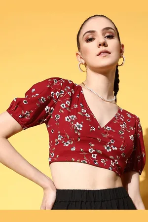 Berrylush Floral Print Puff Sleeve Wrap Crop Top