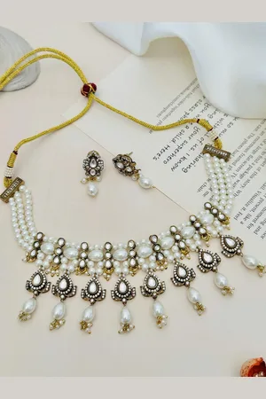 ABDESIGNS Enchanting Gold Plated Polki American Diamond Choker Necklace Jewellery Set