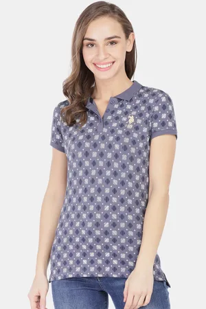 U.S. Polo Assn. Women Blue Printed Mandarin Collar T-shirt