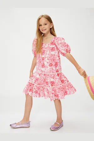 Koton Girls Floral Printed Tiered Square Neck Puff Sleeve Cotton A-Line Dress