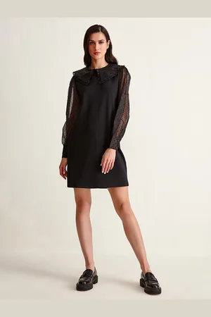 COVER STORY Women Black Self Design Peter Pan Collar A-Line Dress