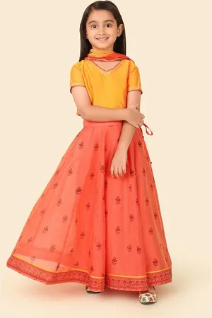 Fabindia Girls Printed V-Neck Cotton Silk Ready to Wear Lehenga & Blouse With Dupatta