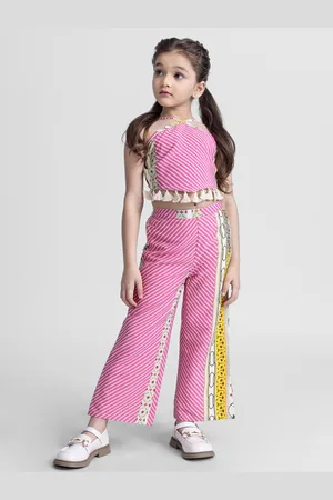 taffykids Girls Printed Shoulder Straps Patch Work Crop Top With Trouser