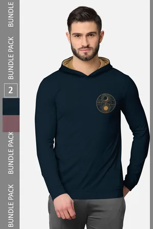 bullmer Men Pack Of 2 Blue & Taupe Printed Cotton Hooded T-shirt