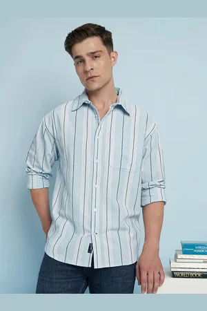 Dennis Lingo Men Textured Striped Spread Collar Full Sleeves Regular Fit Shirt