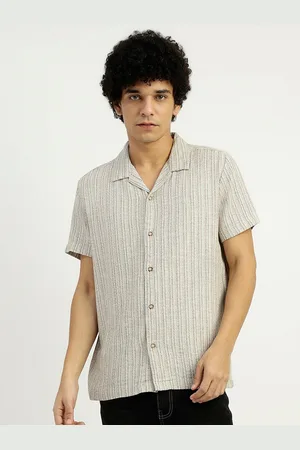 Benetton Striped Textured Spread Collar Short Sleeves Casual Shirt