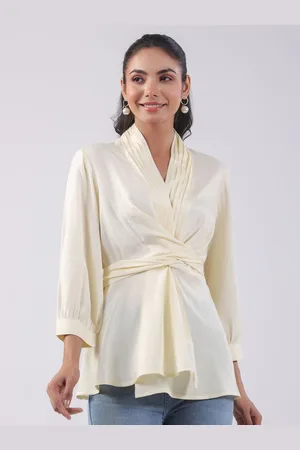 JISORA Women Solid Off White Russian Silk Top