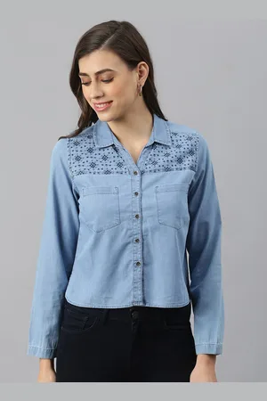 Xpose Women Blue Comfort Denim Printed Casual Shirt