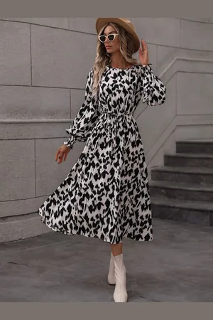 HERE&NOW Animal Print Off-Shoulder Puff Sleeve A-Line Midi Dress