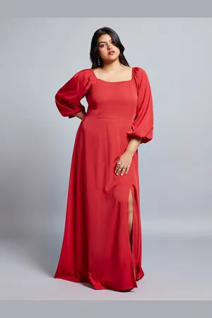 Globus Gloplus Square Neck Bishop Sleeves Flared Hem Side Slit A-Line Plus Size Dress