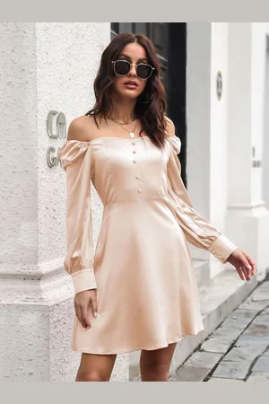 DressBerry Champagne Off-Shoulder Puff Sleeve Fit & Flare Dress