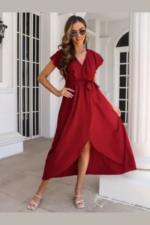 DressBerry Maroon V Neck Wrap Maxi Dress
