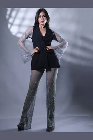 ASHTAG Tailored-Fit Single Breasted Long Rhinestone Sleeves Party Blazer