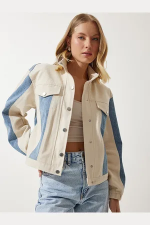 Happiness istanbul Women Crop Denim Jacket with Patchwork