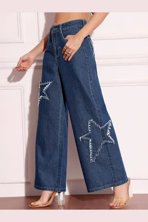 Miss Chase Women Wide Leg High-Rise Mildly Distressed Stretchable Jeans