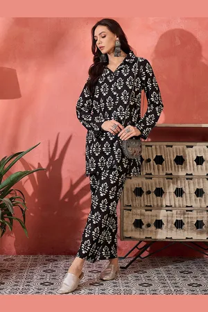 Sangria Floral Printed Lapel Collar Block Printed Pure Cotton Long Shirt & Trousers