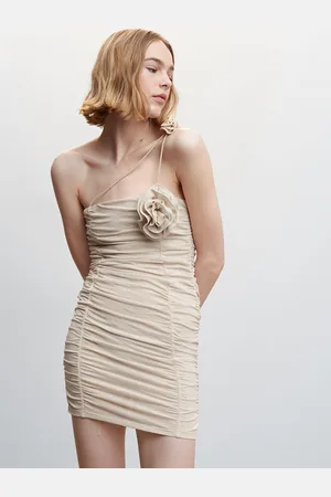 MANGO One Shoulder Flower-Bow Detail Ruched Bodycon Mini Dress