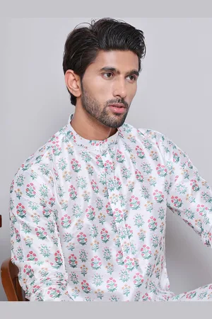 Jompers Floral Printed Mandarin Collar Silk Cotton Straight Kurta with Pyjamas
