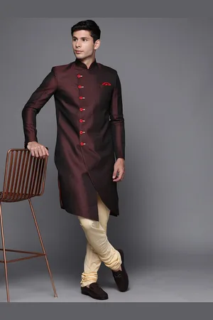 MANU Men Burgundy & Beige Woven Design Sherwani Set