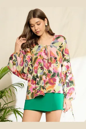 Berrylush Print Bishop Sleeves Ruffles Peplum Top