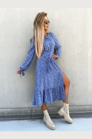 DressBerry Blue & White Floral Printed Puff Sleeve Maxi Dress