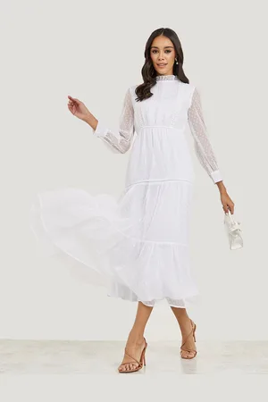 Styli Women Dobby High Neck Tiered Maxi Dress