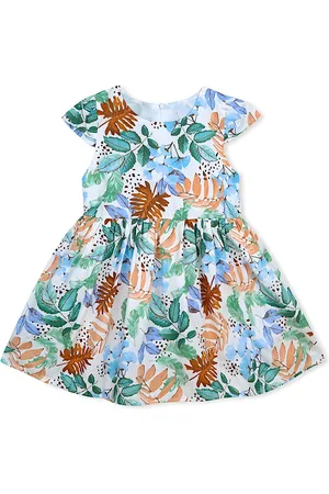 BAESD Girls Tropical Print Round Neck Short Cap Sleeve Cotton Fit & Flare Dress