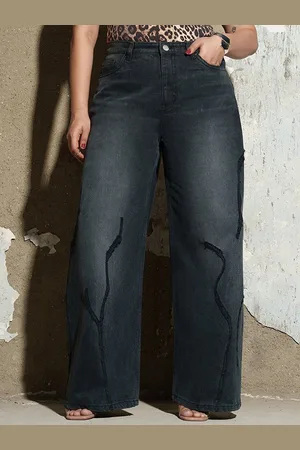 FREAKINS Women Thunderfall Black Curve Wide Jeans