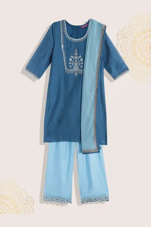Biba Girls Teal Blue & Gold Floral Yoke Design Straight Kurta with Palazzos & With Dupatta