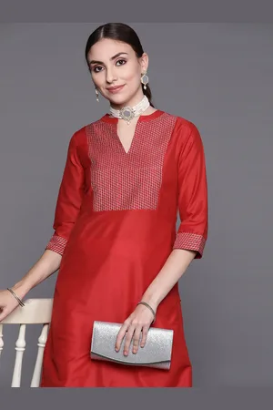 Biba Women Red Woven Yoke Design Kurta