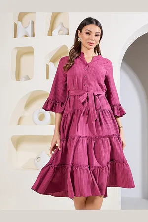 Styli Pink Mandarin Collar Bell Sleeve Tiered A-Line Midi Dress