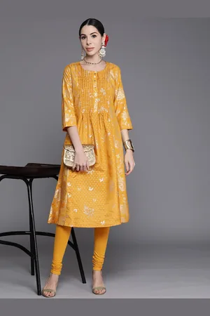 Biba Women Mustard Yellow & Golden Ethnic Motifs Printed Kurta & Leggings