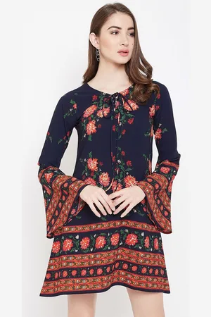 Berrylush Floral Print Tie-Up Neck Bell Sleeve A-Line Dress