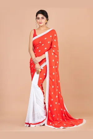 Laa Calcutta Red & White Floral Embroidered Pure Cotton Half and Half Jamdani Saree