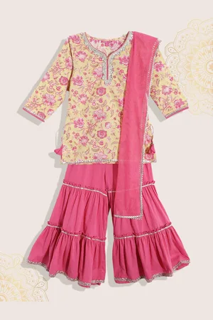 Biba Girls Yellow & Pink Floral Print Pure Cotton Kurta with Sharara & Dupatta