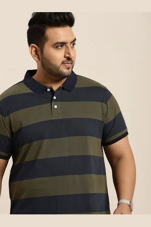 Sztori Men Plus Size Navy Blue Olive Green Pure Cotton Striped Polo Collar Pure Cotton T-shirt