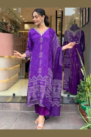 Orus Women Bandhani Printed Regular Silk Crepe Kurta with Trousers & With Dupatta