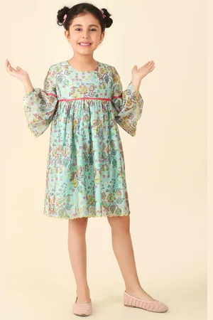 Fabindia Girls Floral Printed Round Neck Bell Sleeve A-Line Dress