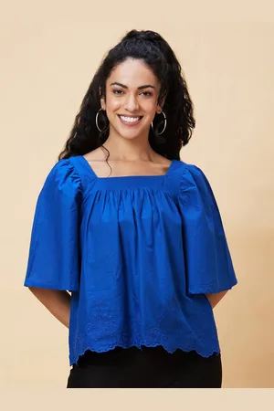 Globus Square Neck Flared Sleeves Cotton Schiffli Top