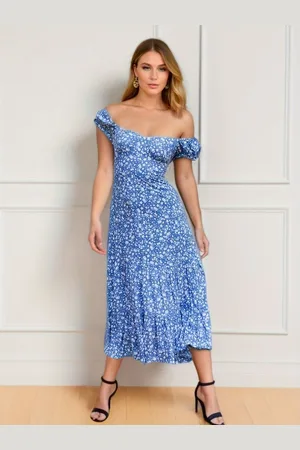 DressBerry Blue Floral Printed Off-Shoulder A-Line Dress